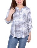 Grey Tiedye 3/4 Bell Sleeve Pleat Front Y Neck Top